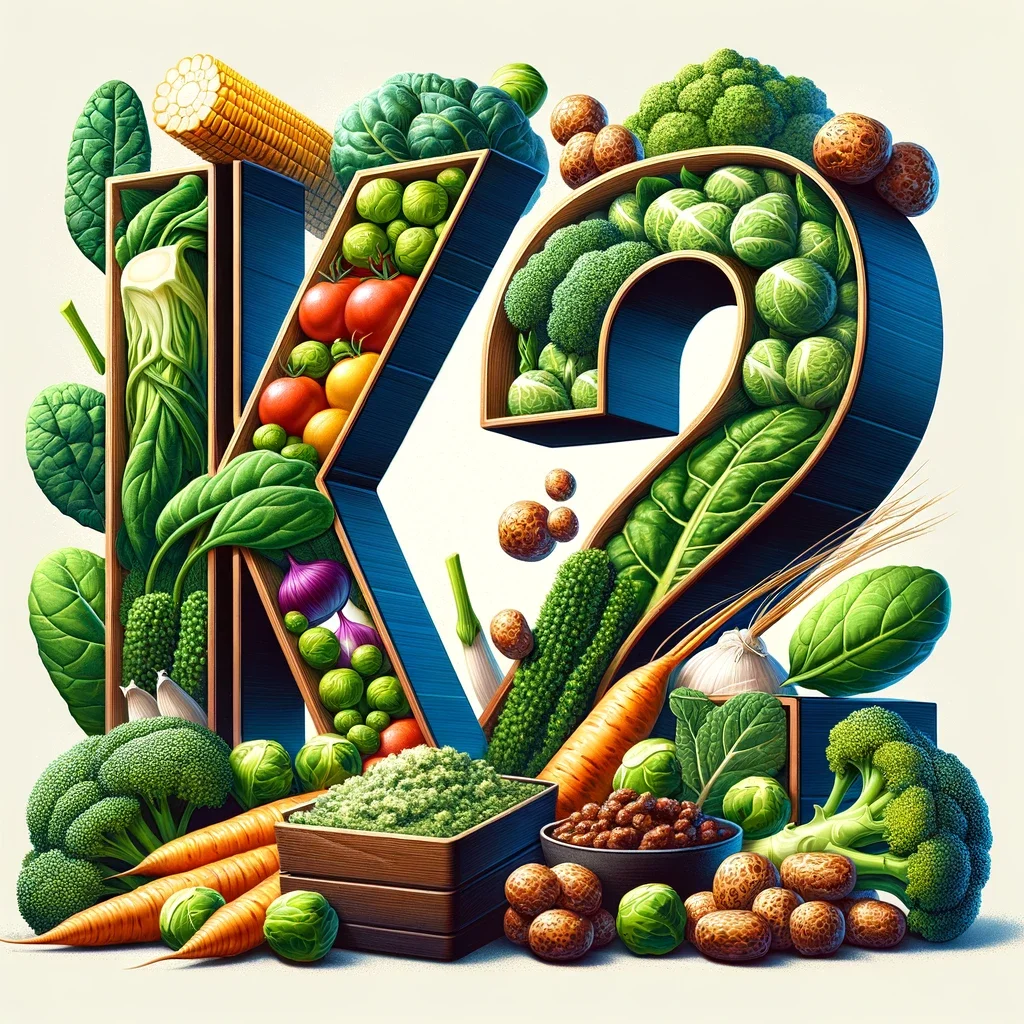 DALL·E 2023-12-08 15.53.36 - A realistic illustration featuring huge block letters _K2_ surrounded by a variety of vegetables and natto. The _K2_ should be in large, bold, 3D-styl