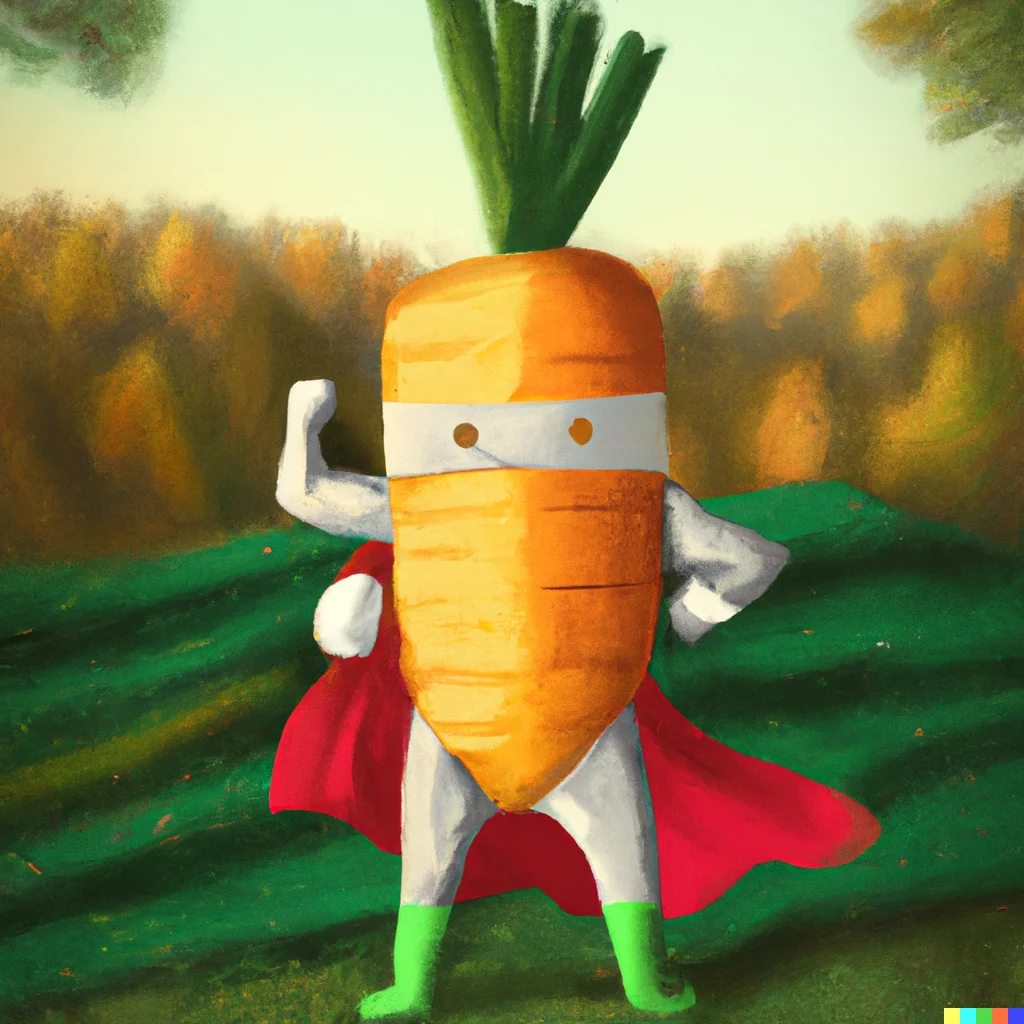 a carrot wearing a super hero outfit inside a forest digital art